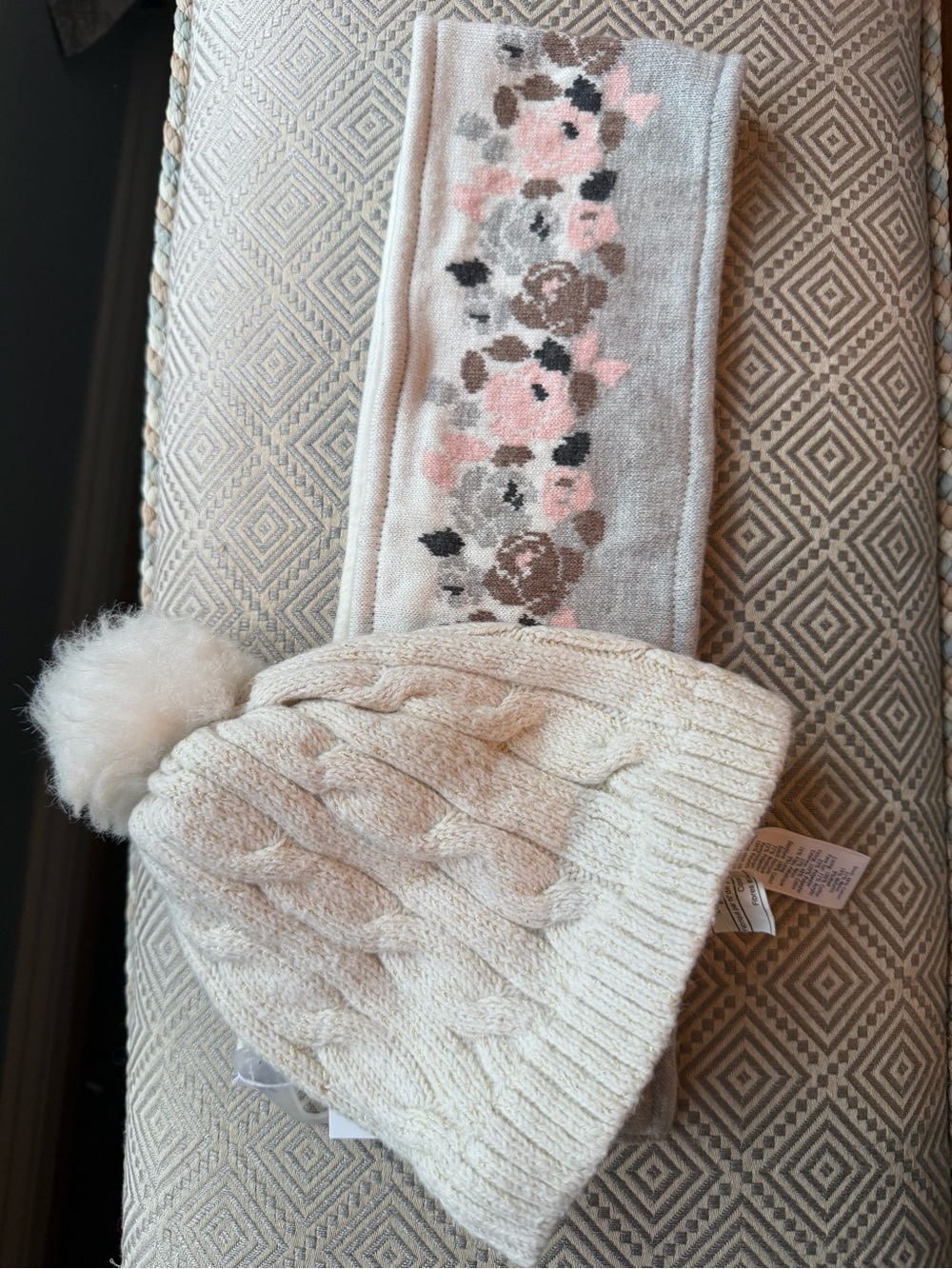 Cable Knit Pom Hat Cream  and Floral Scarf Pink and Gray Janie & Jack NWT